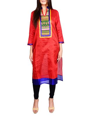 red dupion printed straight kurta - 13377115 - Standard Image - 1