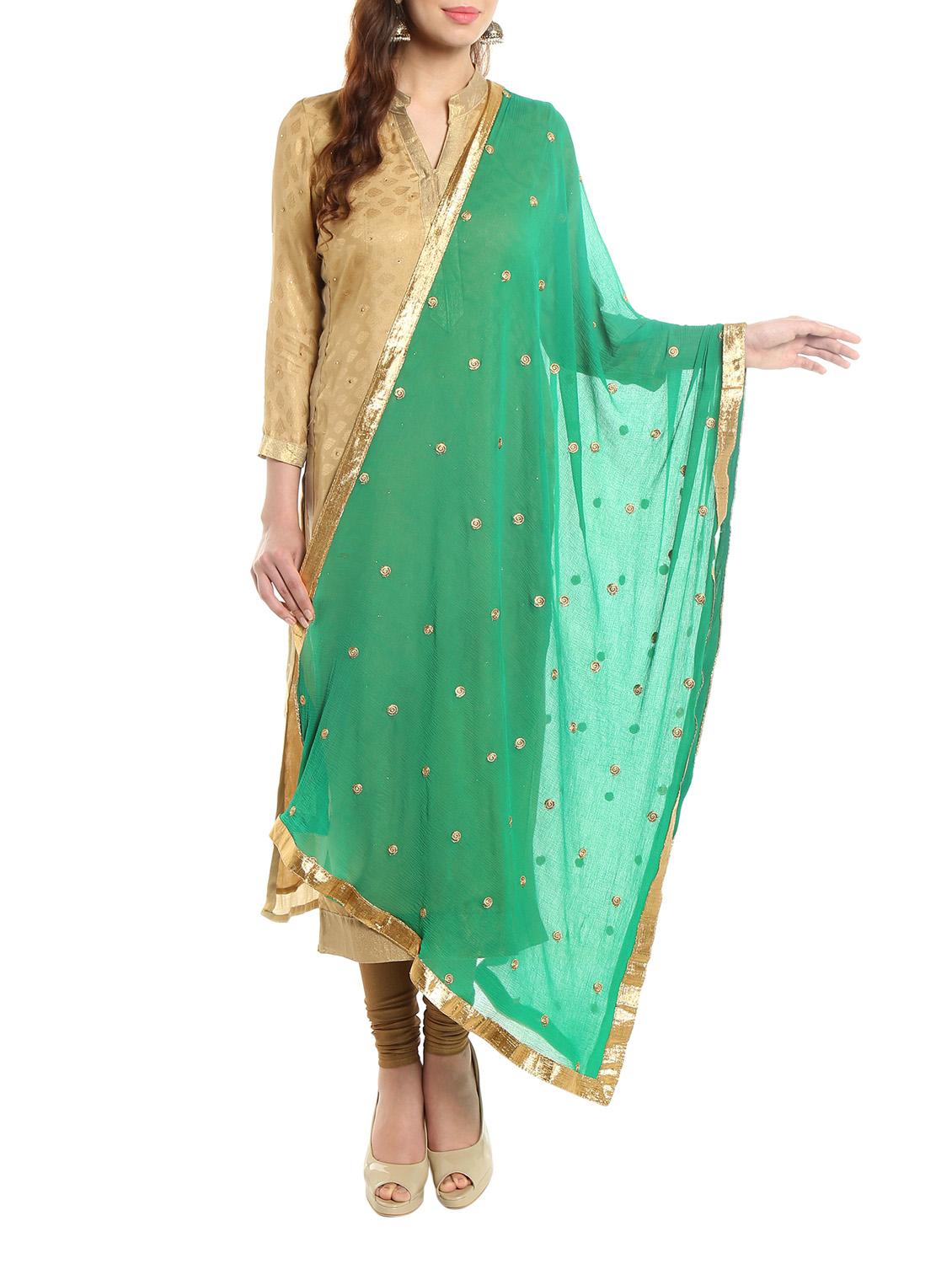 Green Chiffon Woven Dupatta - By