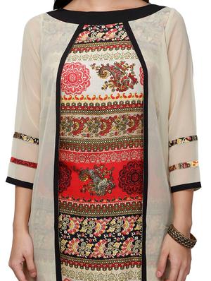 beige georgette printed high-low kurta - 13410512 - Standard Image - 4