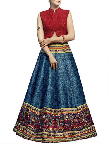 blue raw silk printed panelled unstitched lehenga - 13661529 - Very Small Image - 1