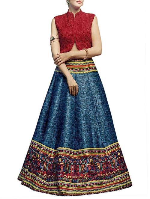 blue raw silk printed panelled unstitched lehenga - 13661529 - Very Small Image - 1