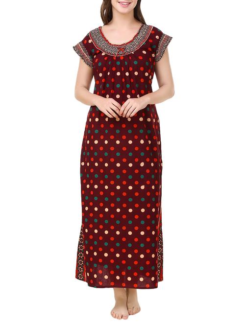 maroon polka dots printed cotton gown - 13662691 - Standard Image - 1