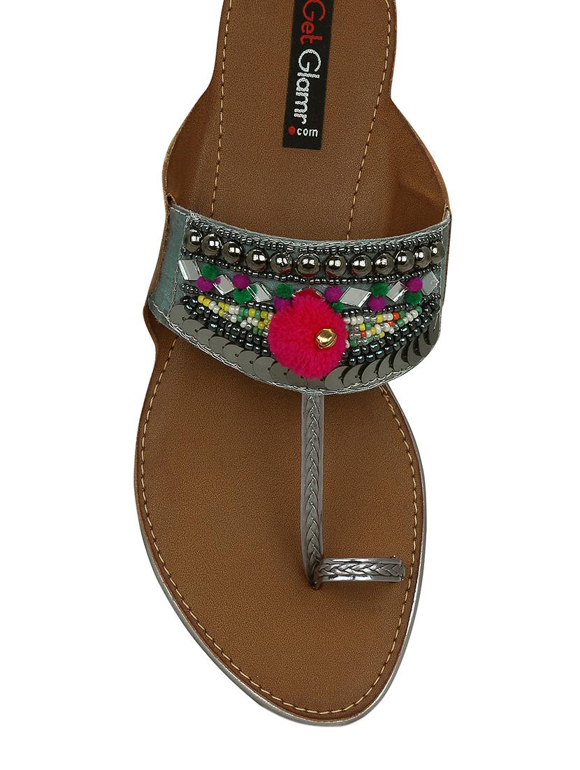 grey pom pom one toe kolhapuri - 13686723 - Zoom Image - 4