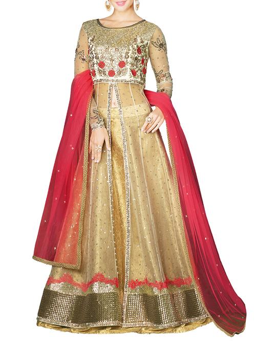 cream net kurtaskirt unstitched suit - 13718661 - Very Small Image - 1