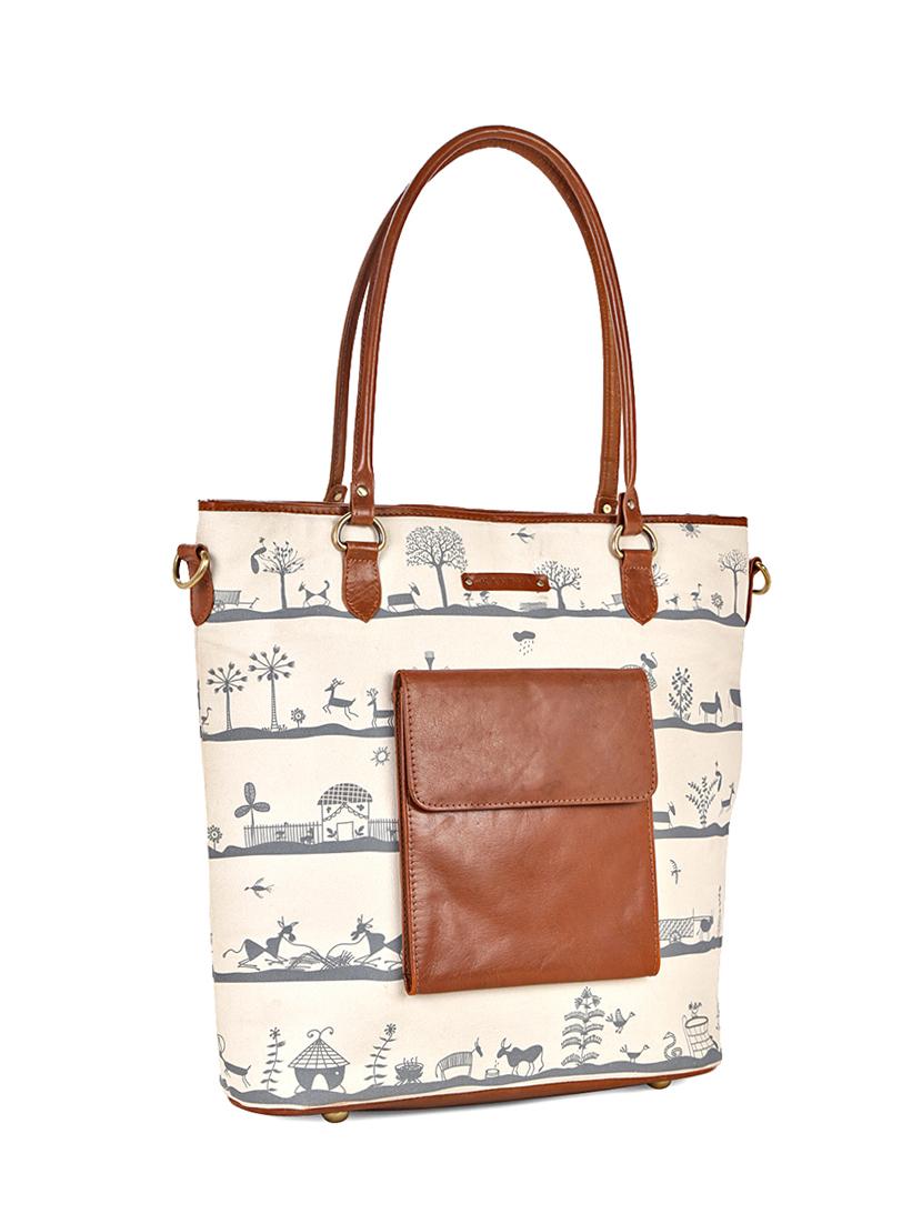 beige canvas printed tote - 13748077 - Zoom Image - 4