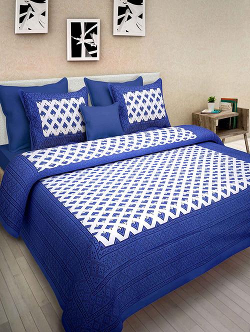 Priyansh Blue Printed Cotton Double Bed Sheet With 2 Pillow Covers - 13864036 - Very Small Image - 1
