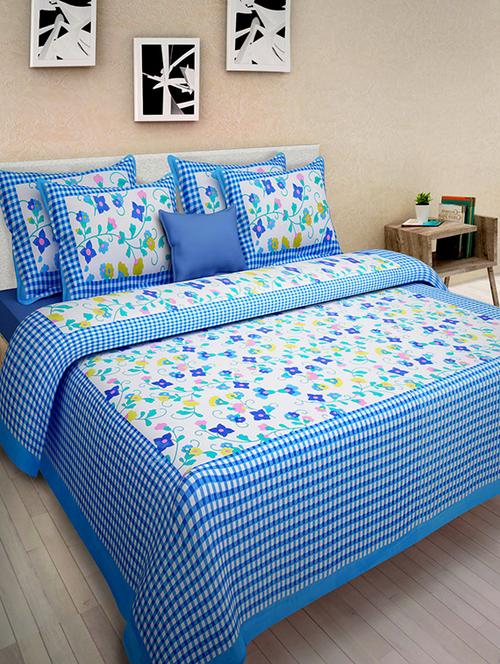 Priyansh Blue Printed Cotton Double Bed Sheet With 2 Pillow Covers - 13864279 - Very Small Image - 1