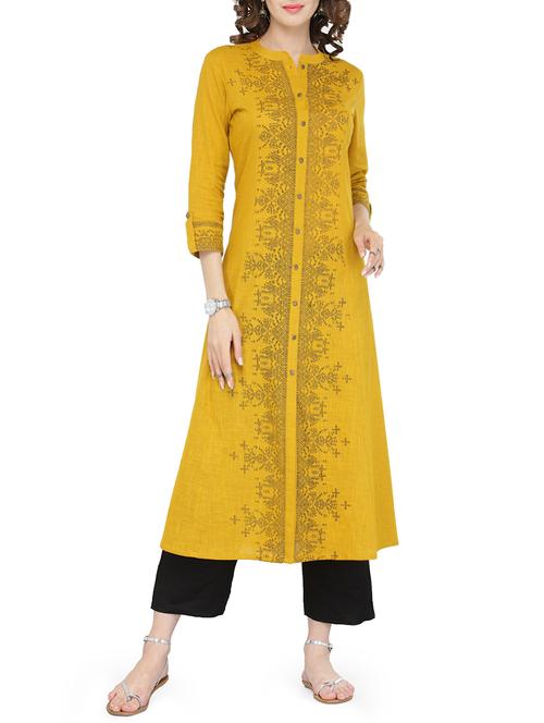 mustard princess panel printed kurta - 13866656 - Standard Image - 1