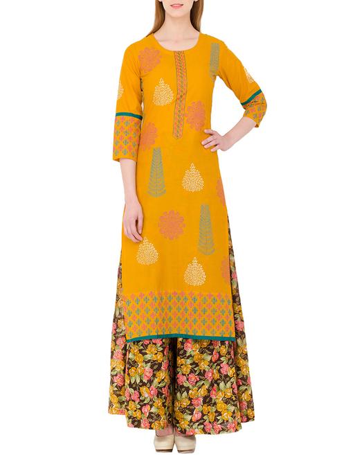 mustard cotton printed straight kurta - 13877741 - Standard Image - 1