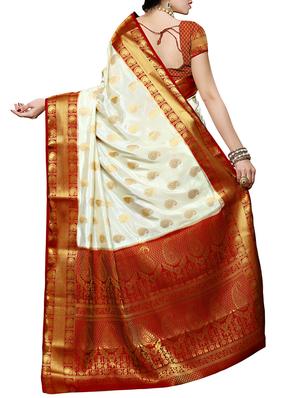 white and red kanjivaram silk saree with blouse - 13885563 - Standard Image - 4