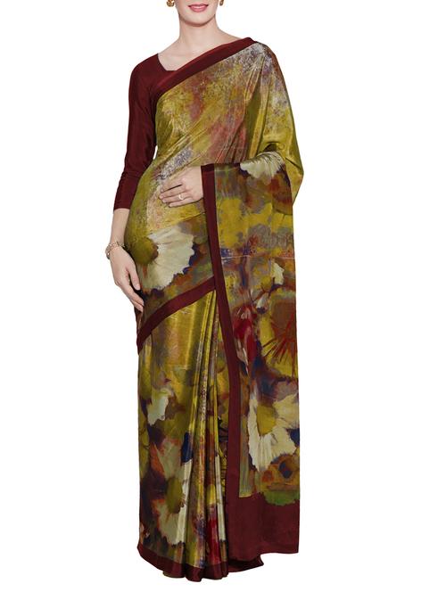green crepe printed saree with blouse - 13924954 - Very Small Image - 1