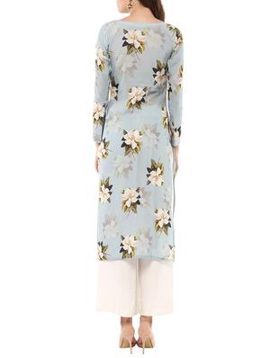 sky blue cotton printed straight kurta - 13927913 - Standard Image - 4
