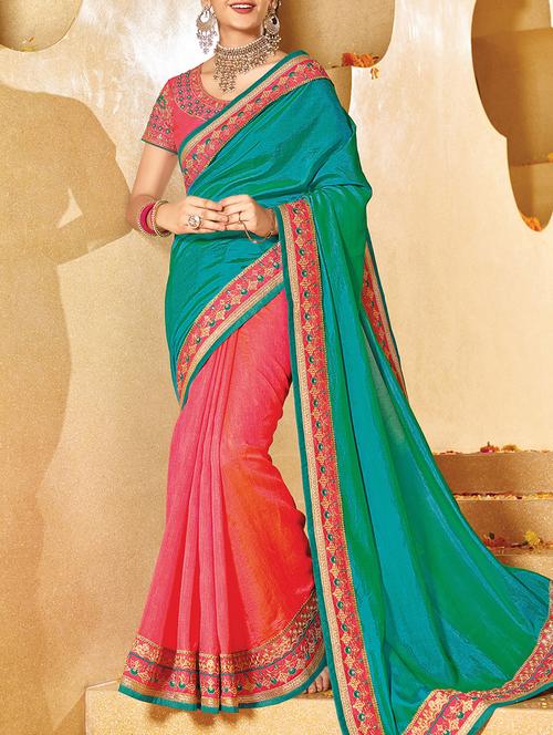 Turquoise & pink silk half & half saree with blouse - 13934227 - Standard Image - 1