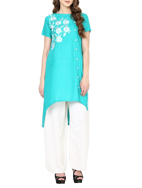 Turquoise Rayon Highlow Kurta - By
