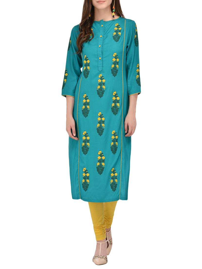 Turquoise Rayon Straight Kurta - By