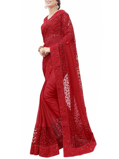 red embroidered net saree with blouse - 13960951 - Very Small Image - 1