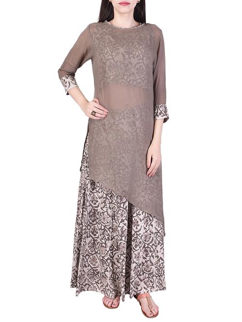 brown georgette asymmetrical kurta with inner and palazzo set - 14053149 - Standard Image - 1