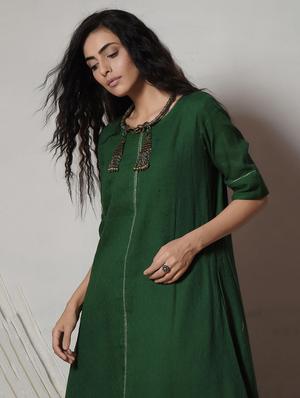 Green cotton asymmetric dress with pocket - 14068668 - Standard Image - 4