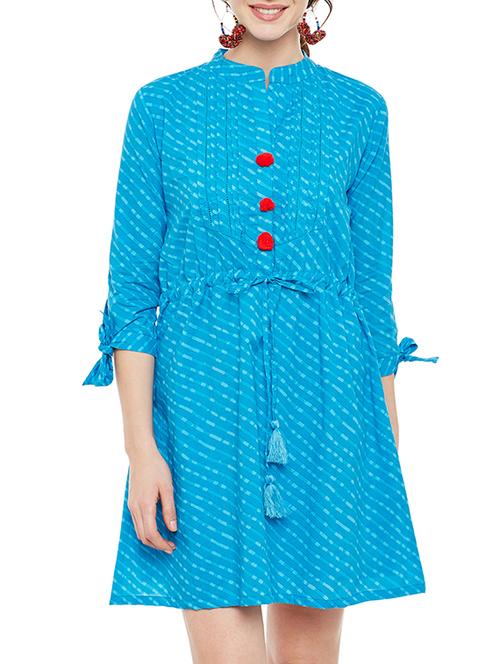 blue cotton pin-tucked leheriya fusion kurta - 14083024 - Very Small Image - 1