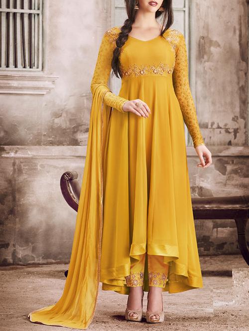 mustard georgette semi-stitched anarkali suit - 14104996 - Very Small Image - 1