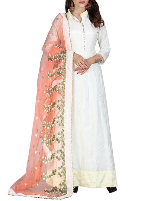 white silk semi-stitched anarkali suit - 14119171 - Very Small Image - 1