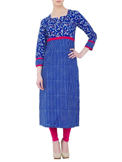 blue cotton straight kurta - 14136137 - Standard Image - 1