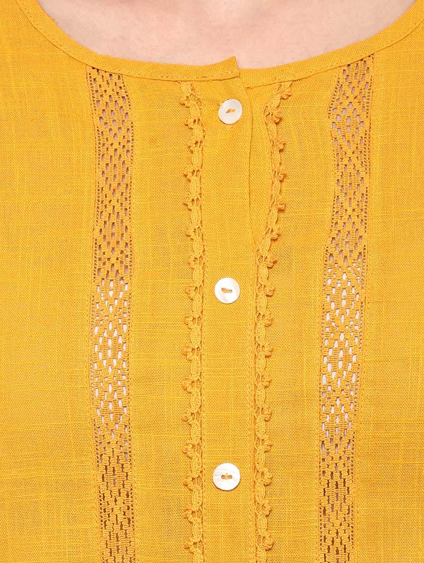 yellow cotton straight kurti - 14150727 - Zoom Image - 4