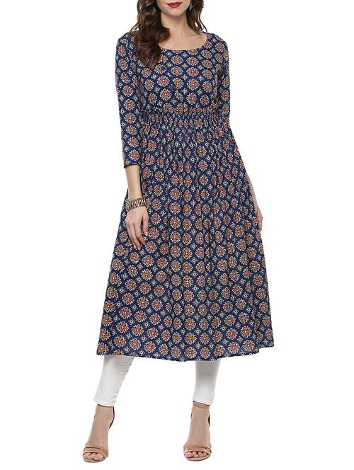 blue cotton flared kurta - 14153255 - Standard Image - 1