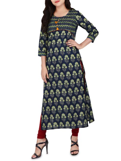 Blue cotton straight kurta - 14222644 - Standard Image - 1