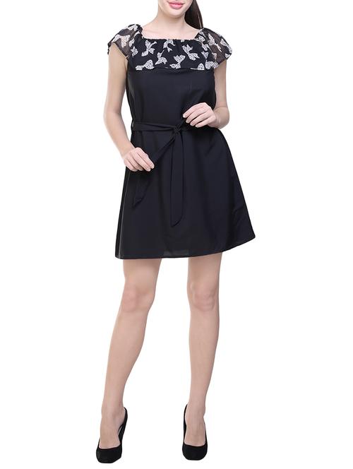 black printed poly crepe belted dress - 14231595 - Standard Image - 1