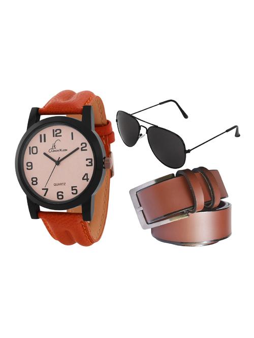 jack klein beige dial brown strap sober analogue wrist watch with brown belt and aviator glasses - 14279151 - Standard Image - 1