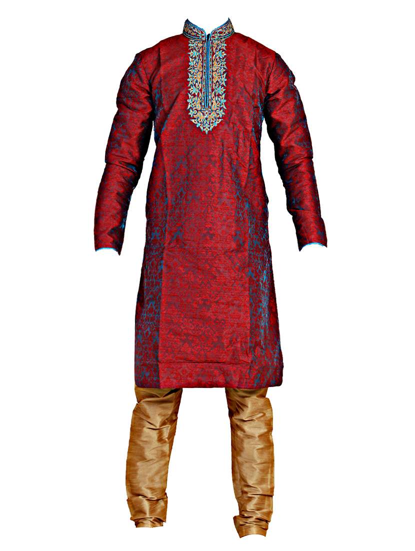 red silk blend kurta set