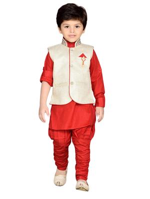 red silk blend kurta, pyjama & waistcoat set - 14375254 - Standard Image - 4