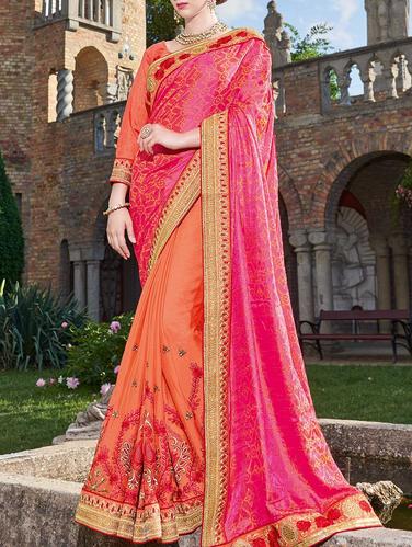 Pink & orange half and half saree with blouse - 14409018 - Very Small Image - 1
