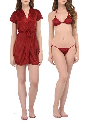 maroon solid nightwear set - 14420170 - Standard Image - 4