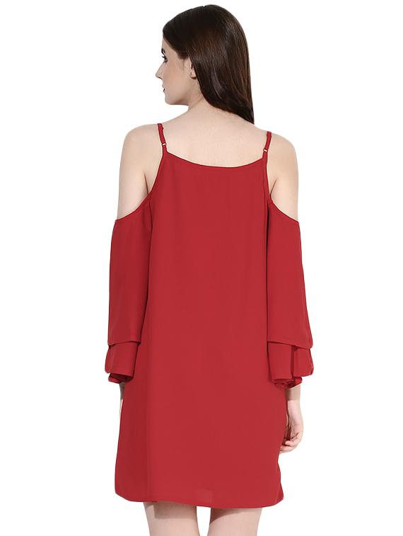 red cold shoulder ruffle dress - 14422056 - Zoom Image - 4