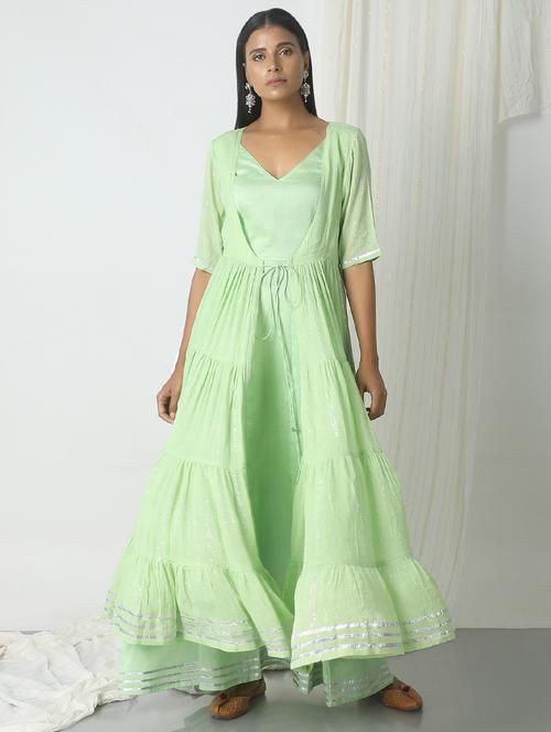 TrueBrowns green chanderi silk fit & flare gown - 14466019 - Very Small Image - 1