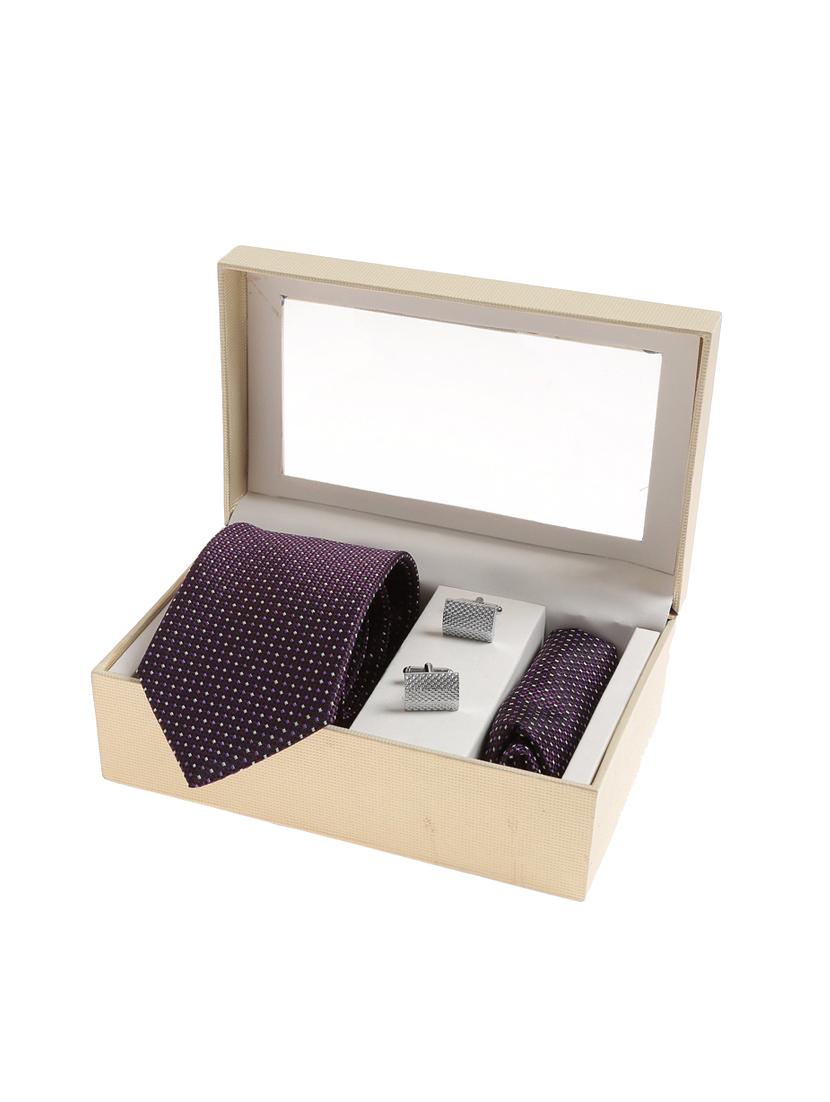 purple micro silk fabric tie with cuff link and pocket square - 14506787 - Zoom Image - 4