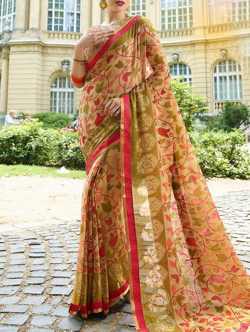 beige cotton printed saree with blouse - 14513562 - Standard Image - 1