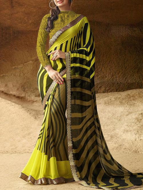 green georgette printed saree with blouse - 14519356 - Very Small Image - 1