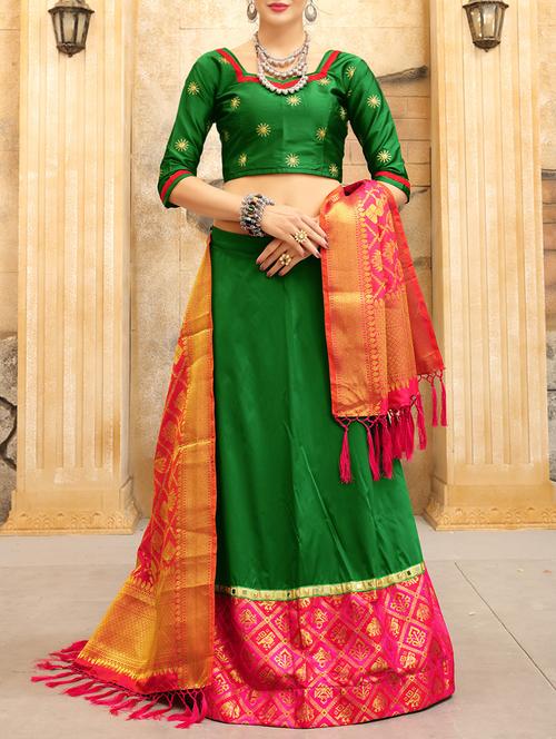 green silk flared lehenga - 14532099 - Very Small Image - 1