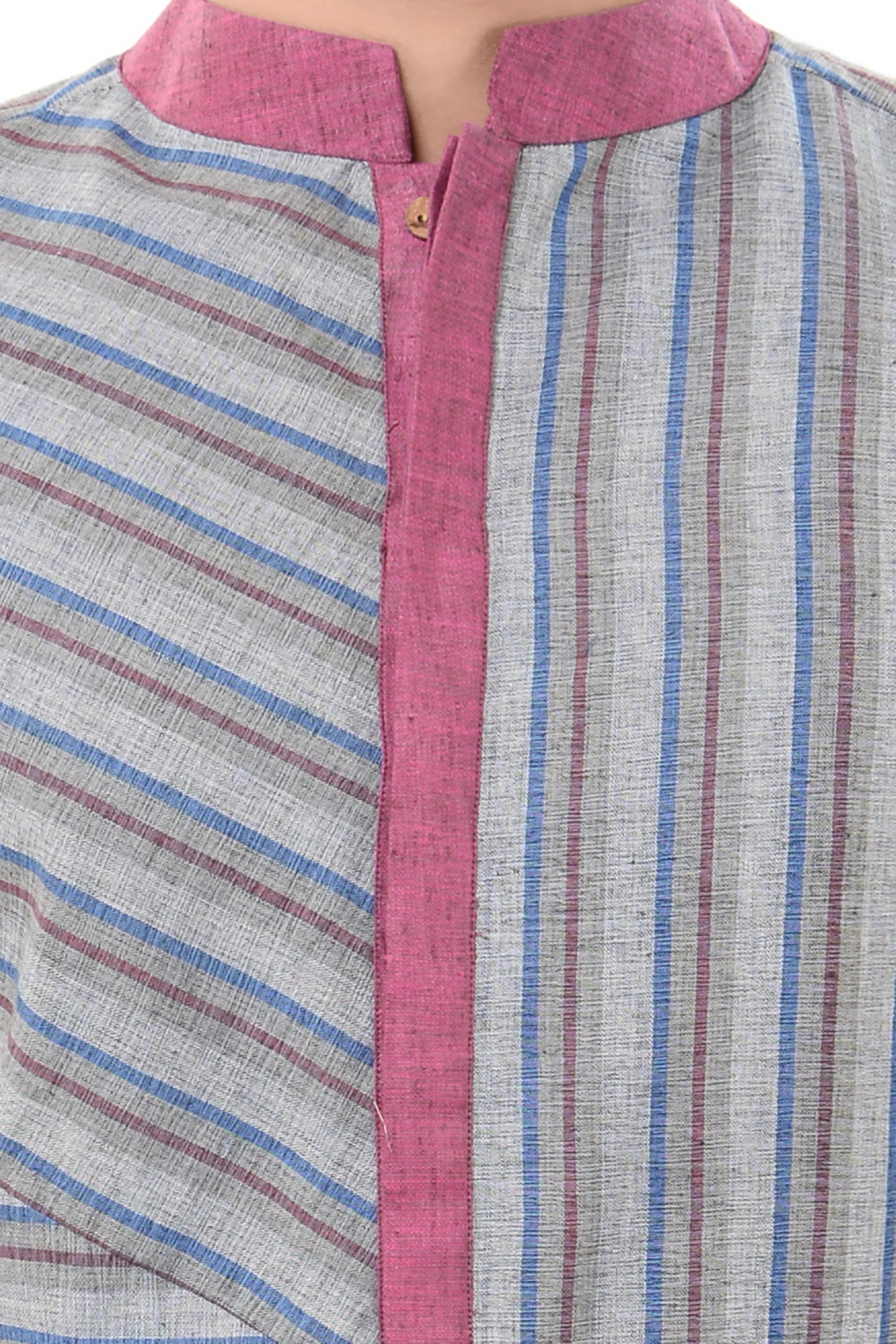 grey khadi cotton long kurta - 14543999 - Zoom Image - 4
