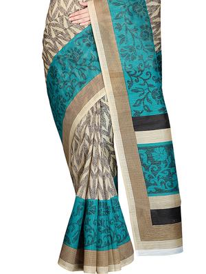 beige & turquoise printed saree with blouse - 14555251 - Standard Image - 4