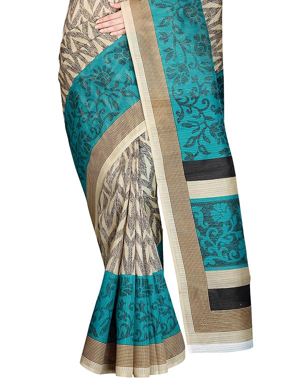 beige & turquoise printed saree with blouse - 14555251 - Zoom Image - 4