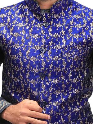 blue silk nehru jacket - 14574579 - Standard Image - 4