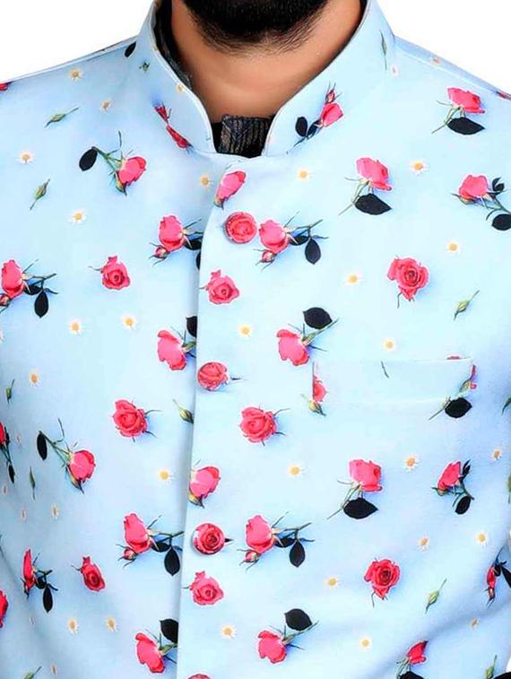 aqua blue cotton blend nehru jacket - 14574581 - Zoom Image - 4