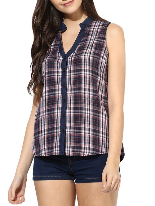 blue Sleeveless Plaid Shirt - 14590604 - Standard Image - 1