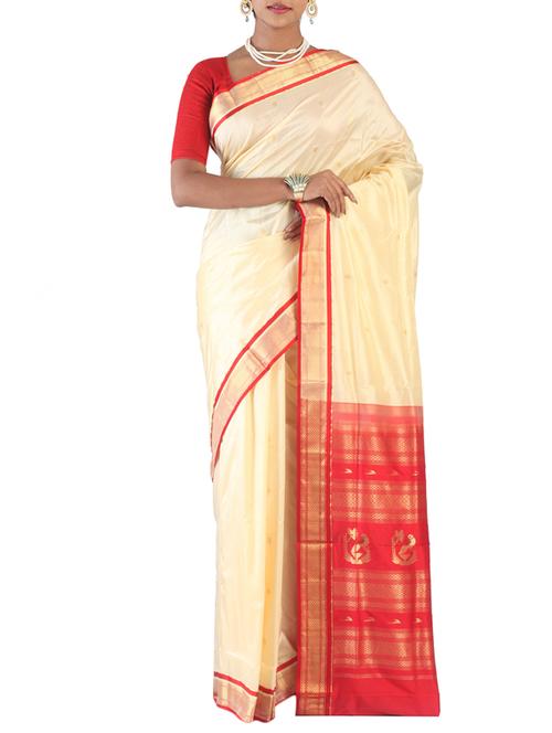 beige raw silk kanjivaram saree with blouse - 14593759 - Very Small Image - 1