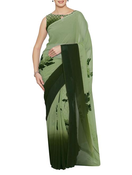 green georgette printed saree with blouse - 14600398 - Very Small Image - 1