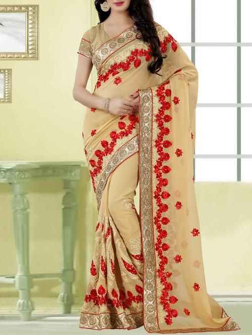 beige faux georgette embroidered saree with blouse - 14608254 - Standard Image - 1